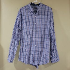 Izod Size L Men's Casual Blue and Red Plaid Long sleeve Button Up Shirt